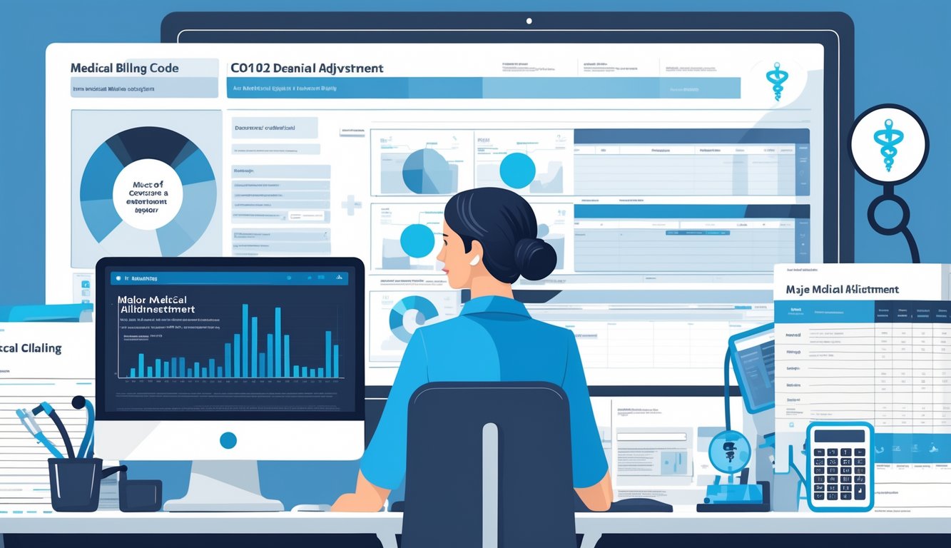 A medical billing specialist analyzing complex billing data on a computer screen with medical claim forms and related icons around them.