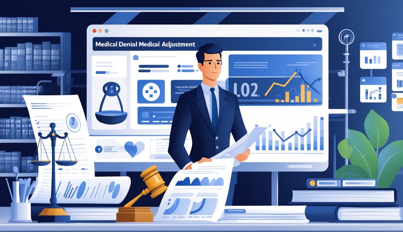 A professional reviewing documents and charts at a desk surrounded by legal and medical symbols in an office setting.