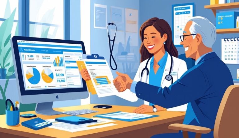 A healthcare provider and a senior patient shaking hands in an office while a billing professional reviews documents at a desk.