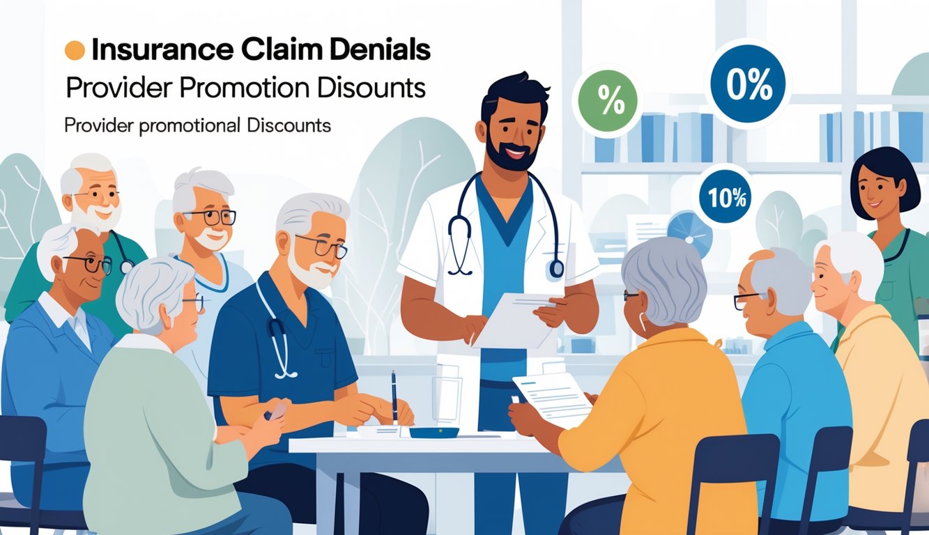 A healthcare provider explains paperwork to a senior patient in a clinic, with abstract icons representing discounts visible in the background.