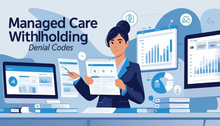 A healthcare administrator reviewing medical claim documents at a desk with a computer and charts, surrounded by abstract healthcare and insurance icons.