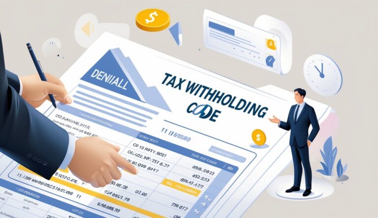 A businessperson reviewing a financial document with charts and icons representing tax withholding and calculations.