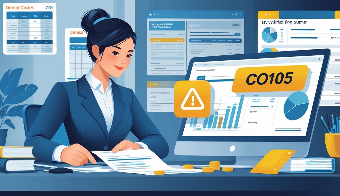 A financial professional reviewing tax documents and digital charts in an office setting, with visual elements indicating tax withholding and alert notifications.