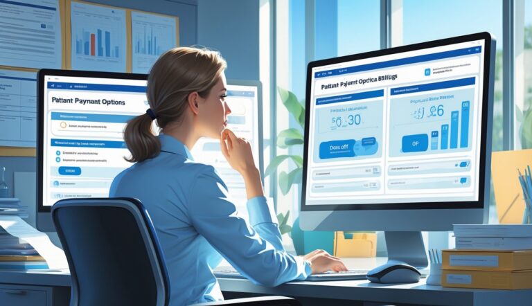 A healthcare administrator reviewing patient payment options on computer screens in a medical billing office.