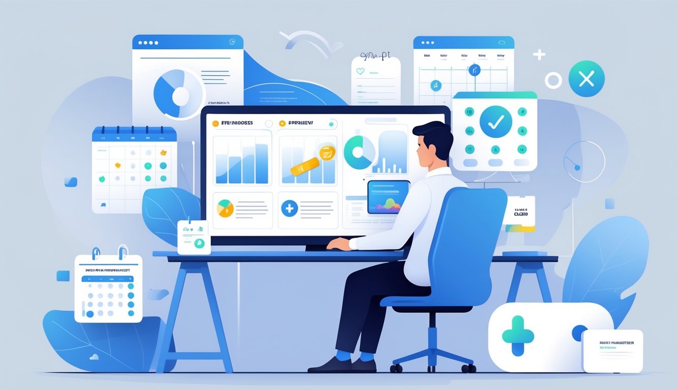 A healthcare administrator at a desk reviewing charts and payment options on a computer screen, surrounded by symbols of scheduling and payment processes.
