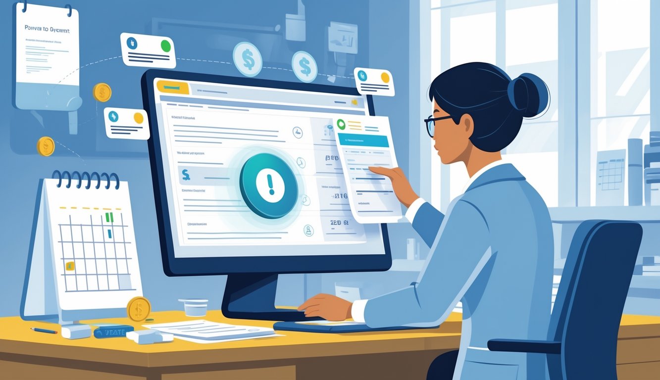 A healthcare provider at a desk looking at a computer screen showing a payment alert, surrounded by icons representing payment options and a medical office background.